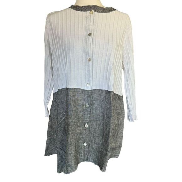 Fenini Ribbed Tunic Top Button Up Sz Large Laganlook Artsy Pockets Coastal New - Picture 1 of 10